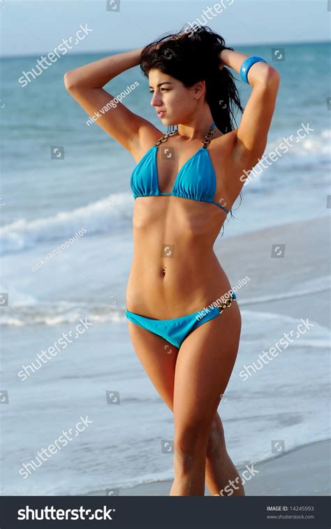 Beautiful Brunette Girl Posing Blue Bikini Stock Photo Shutterstock