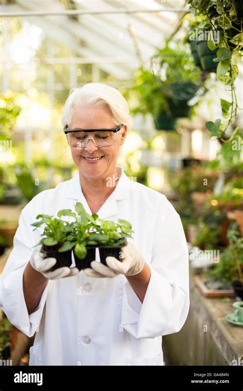 Happy Female Scientist Holding Plants Stock Photo Alamy