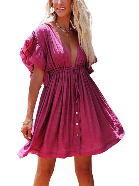Women S Cover Up Ruffles Sleeve Beachwear Coverups Loose V Neck Bikini Beach Tunic Top Walmart