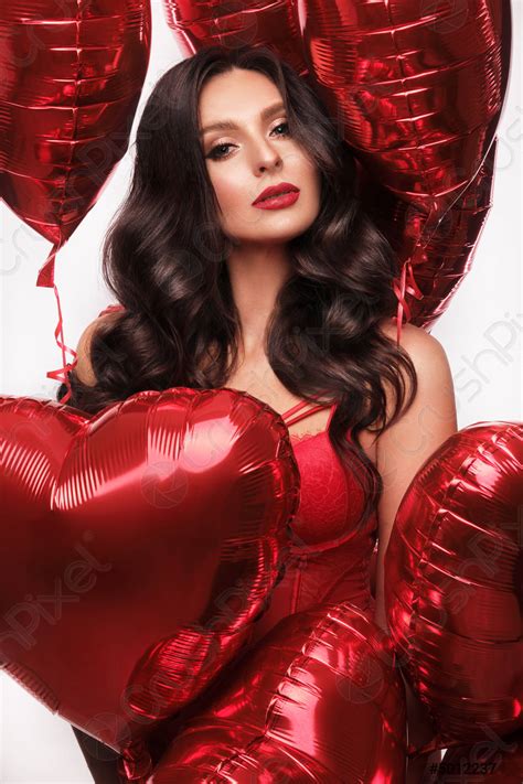Sexy Woman In Red Lace Lingerie And Balloons With Hearts Stock Photo 5012237 Crushpixel