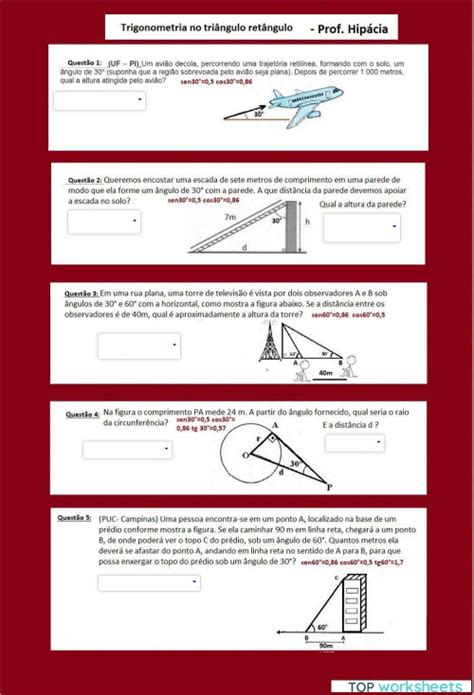 Trigonometria No Triângulo Retângulo Ficha Interativa Topworksheets