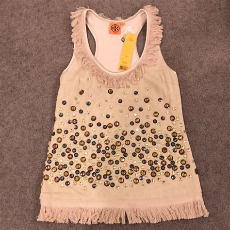Tory Burch Tops New Tory Burch Nude Top With Gems Fringes Poshmark