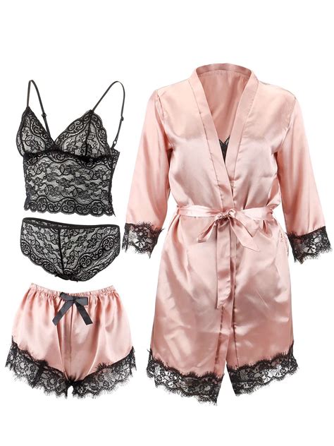 Spencer Women S Satin Pajama Set 4pcs Floral Lace Trim Cami Lingerie Sleepwear Sexy Nightwear
