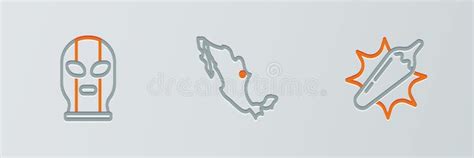 Set Line Hot Chili Pepper Pod Mexican Wrestler And Map Of Mexican Icon