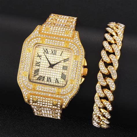 Full Iced Out Watch Mens Cuban Link Chain Bracelet Bling Watch For Men