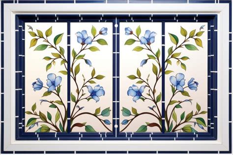 Premium Photo A Blue And White Stained Glass Window With Blue Flowers