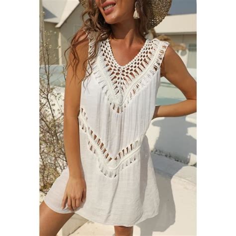 Robe Au Crochet Pour Femmes Bikini Cover Up Robe D T Mini Robe De Plage Blanche White Xxl