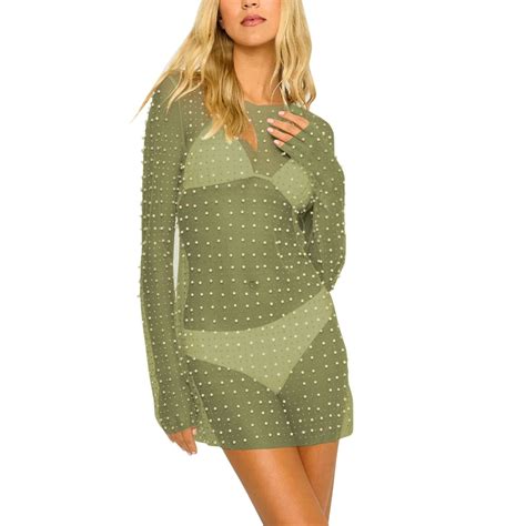 Sexy Women S Sheer Mesh Pearl Rhinestone Swimsuit Cover Up Short Beach Dress Long Sleeve Bikini