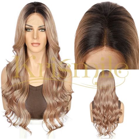 Moq Long Ombre Brown Highlights Wavy Synthetic Wigs Light Brown Curly Blonde Balayage Wig X