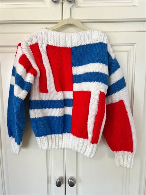 Vintage Big Kids Handmade Red White Blue Knit Sweater Gem
