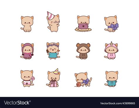 Set Isolated Cute Kitty Kawaii Chibi Style Cat Vector Image