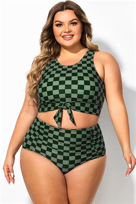 Plus Size Green Check Knotted Crop Bikini Top Meet Curve Meet Curve