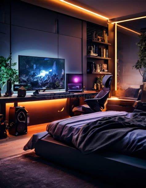Modern Gaming Bedroom With Ambient Lighting And High Tech Setup Stock