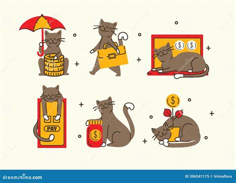 Set Of Cats With Money And Banking Related Objects Symbol Of Wealth Bank Capital And Elements