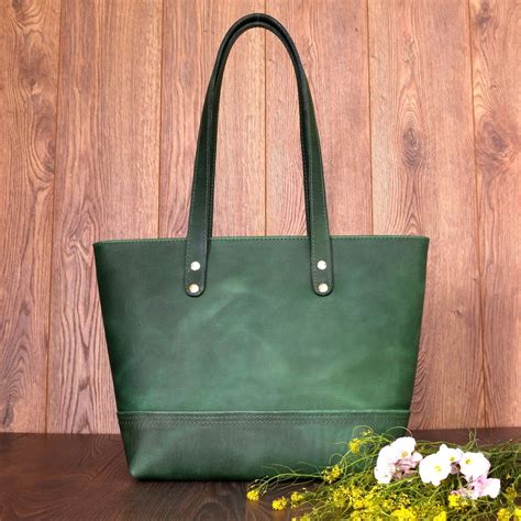 Green Leather Tote Etsy