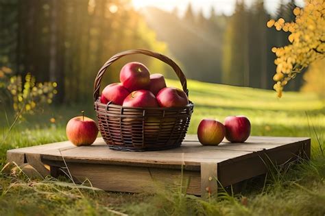 Premium Photo A Basket Of Apples On A Table In The Forest