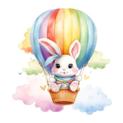 Whimsical Bunny Rabbit In Hot Air Balloon Watercolor Clipart For Joyous Baby Birthday