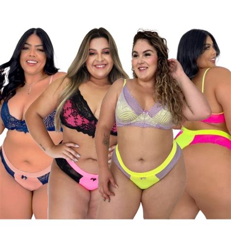 Kit Conjunto Lingerie Plus Size Neon Aro Renda Sensual Moda Plussize Regulagens Em Metal