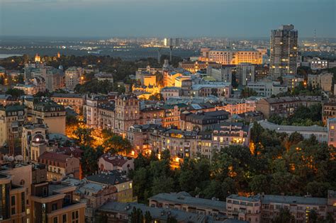 Aerial View Of Kyiv Downtown Skyline Cityline At Dusk Stock Photo