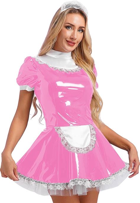 CHICTRY Women S Metallic PVC Leather French Maid Costume Sexy Teddy Lingerie Fancy Dress With