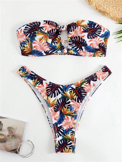 Tropical Print Bandeau Bikini Swimsuit Shein Usa