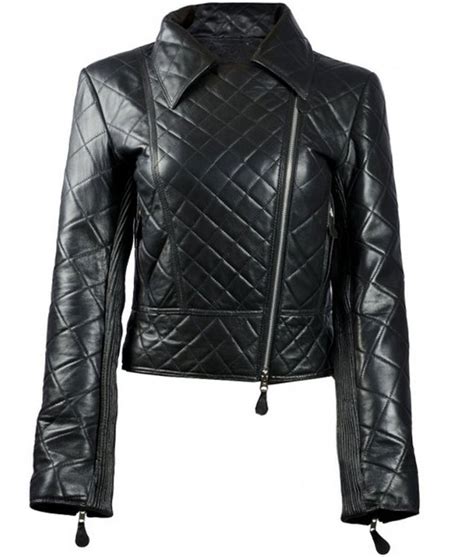 Womens Black Lambskin Leather Quilted Biker Jacket