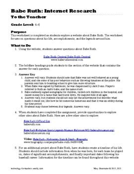 Babe Ruth Internet Research By Mary Shoemaker TPT