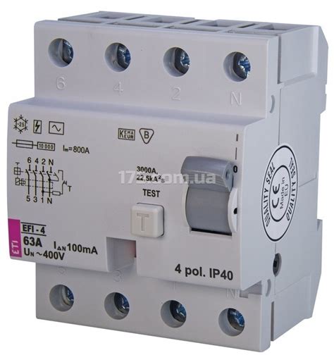 УЗО (диф. реле) EFI-4 63/0,1 63А 100мА тип AC (10kA), ETI (2063144) ETI ...