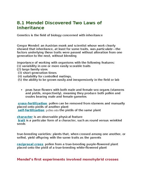 Chapter 8 - Summary Principles of Life - 8 Mendel Discovered Two Laws