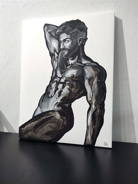 Muscular Male Nude Figure Original Acrylic Painting Erotic Man Gay Art 40x30 Cm Acrylic On Pp