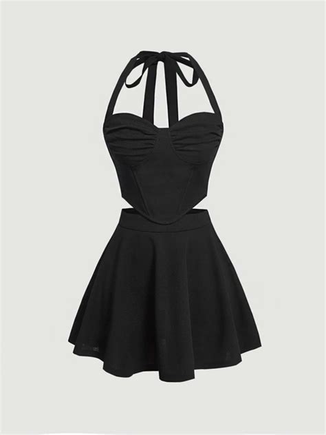 Shein Mod Fruncido Top Halter And Falda Amplia Moda De Mujer Shein México