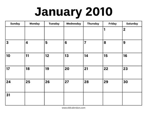 January 2010 Calendar Printable Old Calendars