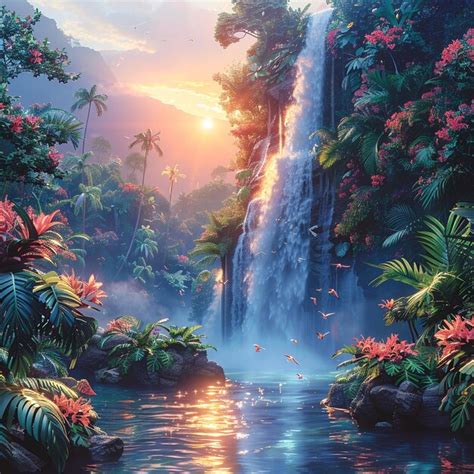 tropical waterfall scenery  vibrant nature premium ai generated image