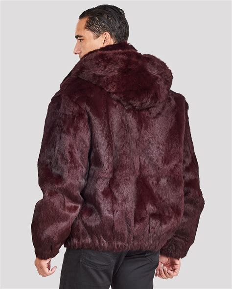 Burgundy Rabbit Fur Hooded Bomber Jacket For Men