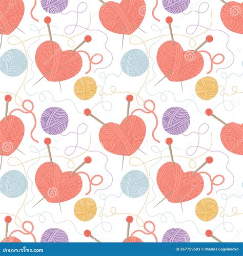 Seamless Pattern With Balls Of Yarns And Heart Shaped Yarns For