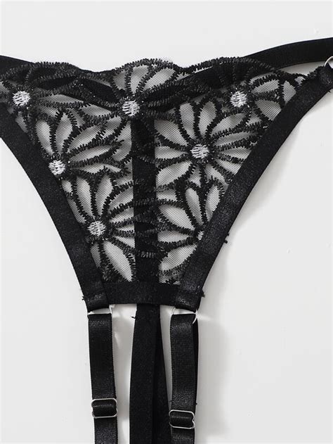 Cut Out Embroidered Mesh Underwire Lingerie Set SHEIN UK