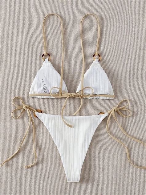 Sexy Bikini Set Cute White Plain Ring Linked Spaghetti Strap Triangle Thong Bikini