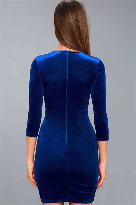 Stunning Royal Blue Velvet Dress Surplice Bodycon Dress