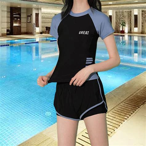 Sharplace Lady Women S Swimsuit Swimming Top And Shorts Short Sleeve Bikini Female Swimwear Two
