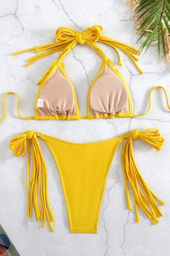Wholesale Sexy Plain Color Padded Halter Neck Braided Rope Triangle Bikini Set Ba