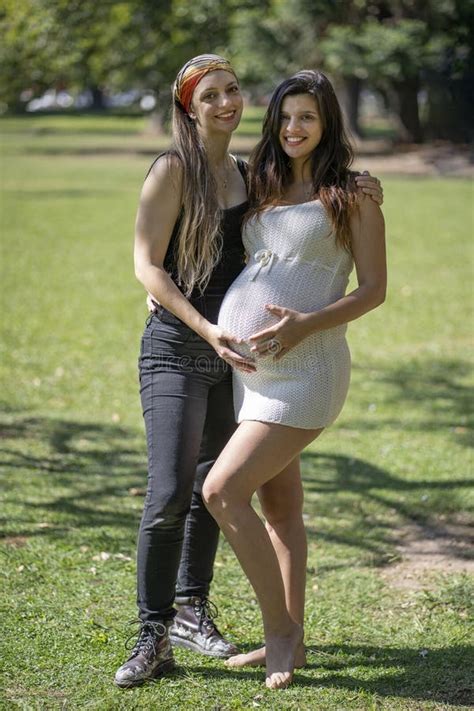 Happy Pregnant Lesbian Couple At Outdoors Stock Image Image Of Copy Engagement