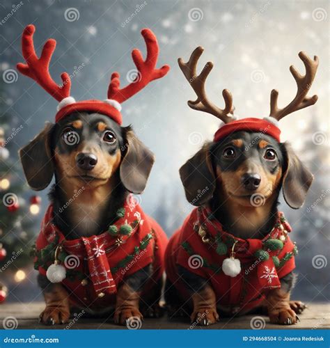 Dachshunds As Reindeer In Santa S Sleigh Graphic For Christmas Stock