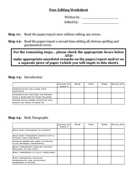 Mcmurray Middle School Peer Editing Checklist High School