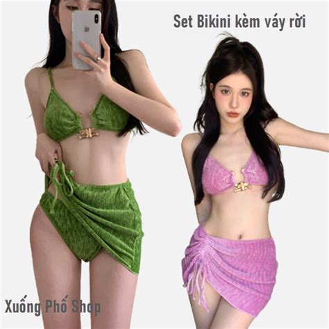 sẵn Chất đẹp Set bikini 3 mảnh Đồ Bơi Đồ Đi Biển Vải Nhung Gân Sexy Quyến Rũ 9309 Shopee