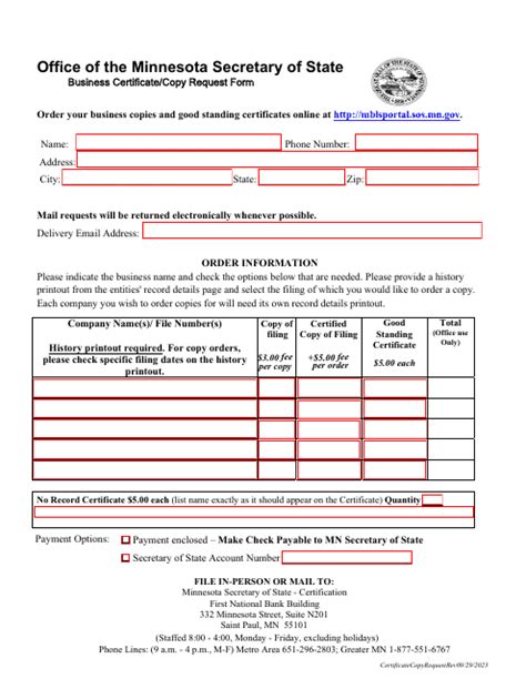 Minnesota Business Certificatecopy Request Form Download Fillable Pdf