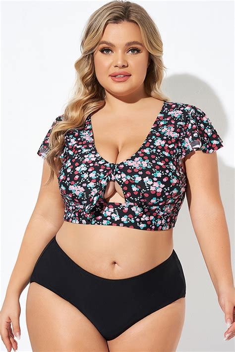 Classic Floral Print Knot Front Women Bikini Top Meet Curve Meet Curve