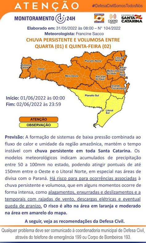 Defesa Civil Alerta Para Chuva Persistente E Volumosa A Partir De