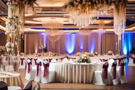 Premium Ai Image A Wedding Reception With A Chandelier And Chairs