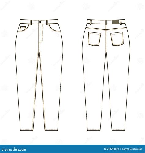 Female Jeans Technical Drawing Front And Back Views Stock Vector