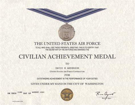 Air Force Civilian Achievement Medal Certificate,